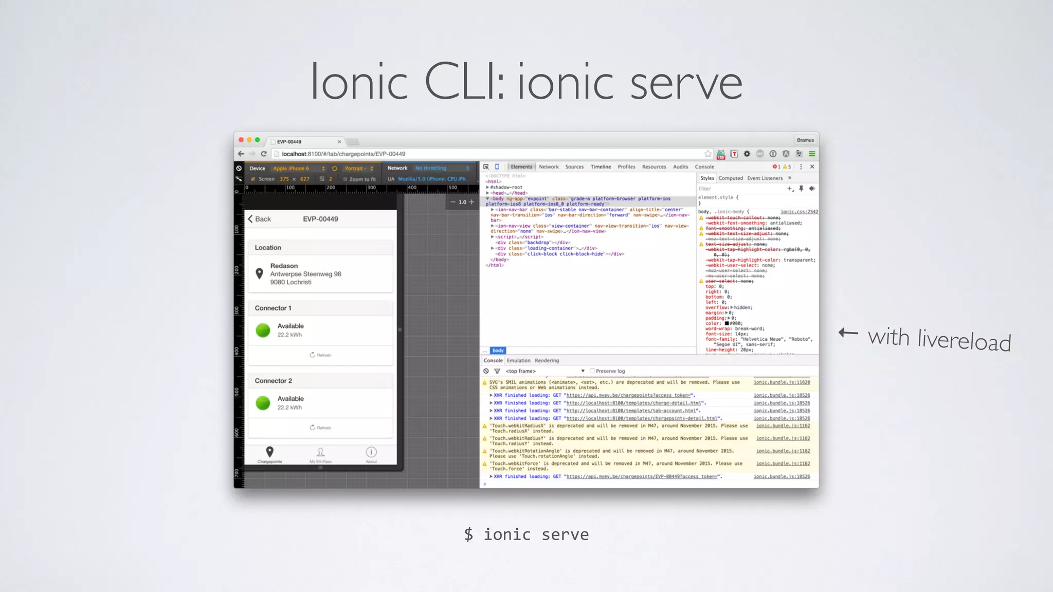 Ionic CLI: ionic serve
$	
  ionic	
  serve
← with livereload
 