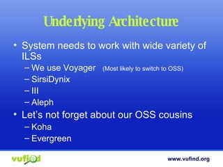 Underlying Architecture System needs to work with wide variety of ILSs We use Voyager  (Most likely to switch to OSS) SirsiDynix III Aleph Let’s not forget about our OSS cousins Koha Evergreen 