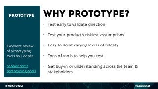 @ncapuana #UXWeek16
why prototype?
• Test early to validate direction
• Test your product’s riskiest assumptions
• Easy to...