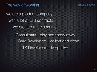 27
@SvenRuppertThe way of working
we are a product company
with a lot of LTS contracts
we created three streams
Consultants - play and throw away
Core Developers - collect and clean
LTS Developers - keep alive
 
