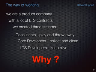 27
@SvenRuppertThe way of working
we are a product company
with a lot of LTS contracts
we created three streams
Consultants - play and throw away
Core Developers - collect and clean
LTS Developers - keep alive
Why ?
 