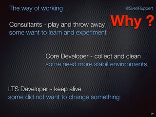 29
@SvenRuppertThe way of working
Consultants - play and throw away
Core Developer - collect and clean
LTS Developer - keep alive
Why ?
some want to learn and experiment
some need more stabil environments
some did not want to change something
 