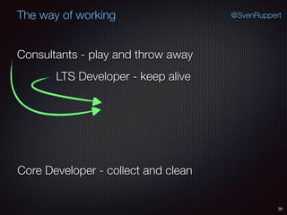 30
@SvenRuppertThe way of working
Consultants - play and throw away
Core Developer - collect and clean
LTS Developer - keep alive
 