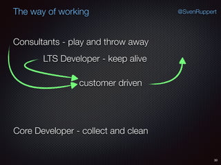 30
@SvenRuppertThe way of working
Consultants - play and throw away
Core Developer - collect and clean
LTS Developer - keep alive
customer driven
 