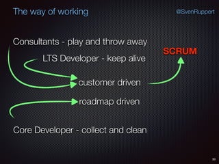30
@SvenRuppertThe way of working
Consultants - play and throw away
Core Developer - collect and clean
LTS Developer - keep alive
SCRUM
customer driven
roadmap driven
 