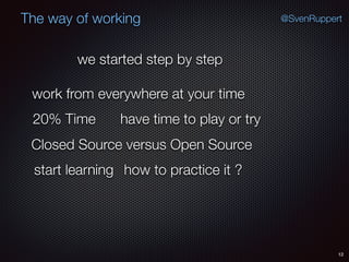 12
@SvenRuppertThe way of working
20% Time have time to play or try
start learning how to practice it ?
Closed Source versus Open Source
work from everywhere at your time
we started step by step
 