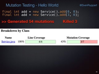55
Mutation Testing - Hello World @SvenRuppert
final int add = new Service().add(0, 0);
final int add = new Service().add(3, 0);
>> Generated 54 mutations Killed 3
 