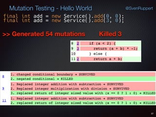 Killed 3
57
Mutation Testing - Hello World @SvenRuppert
final int add = new Service().add(0, 0);
final int add = new Service().add(3, 0);
>> Generated 54 mutations
 
