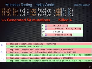 Killed 4
57
Mutation Testing - Hello World @SvenRuppert
final int add = new Service().add(0, 0);
final int add = new Service().add(3, 0);
>> Generated 54 mutations
final int add = new Service().add(2, 0);
 