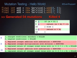 Killed 4
57
Mutation Testing - Hello World @SvenRuppert
final int add = new Service().add(0, 0);
final int add = new Service().add(3, 0);
>> Generated 54 mutations
final int add = new Service().add(2, 0);
 