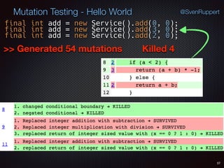 Killed 4
57
Mutation Testing - Hello World @SvenRuppert
final int add = new Service().add(0, 0);
final int add = new Service().add(3, 0);
>> Generated 54 mutations
final int add = new Service().add(2, 0);
 