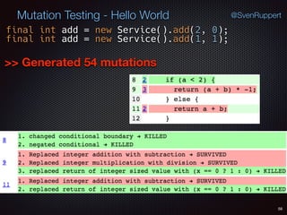 58
Mutation Testing - Hello World @SvenRuppert
>> Generated 54 mutations
final int add = new Service().add(2, 0);
final int add = new Service().add(1, 1);
 