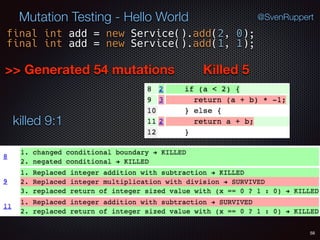 Killed 5
58
Mutation Testing - Hello World @SvenRuppert
>> Generated 54 mutations
final int add = new Service().add(2, 0);
final int add = new Service().add(1, 1);
killed 9:1
 
