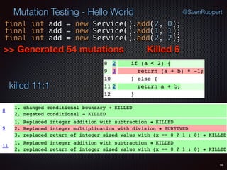 Killed 6
59
Mutation Testing - Hello World @SvenRuppert
>> Generated 54 mutations
final int add = new Service().add(2, 0);
final int add = new Service().add(1, 1);
final int add = new Service().add(2, 2);
killed 11:1
 