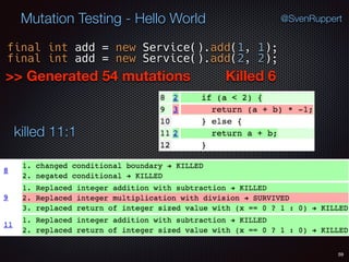 Killed 6
59
Mutation Testing - Hello World @SvenRuppert
>> Generated 54 mutations
final int add = new Service().add(1, 1);
final int add = new Service().add(2, 2);
killed 11:1
 