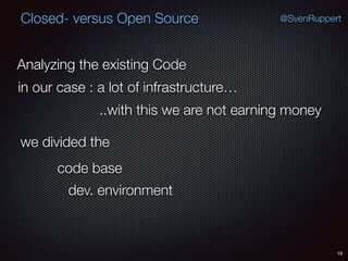 19
@SvenRuppertClosed- versus Open Source
Analyzing the existing Code
in our case : a lot of infrastructure…
..with this we are not earning money
we divided the
code base
dev. environment
 