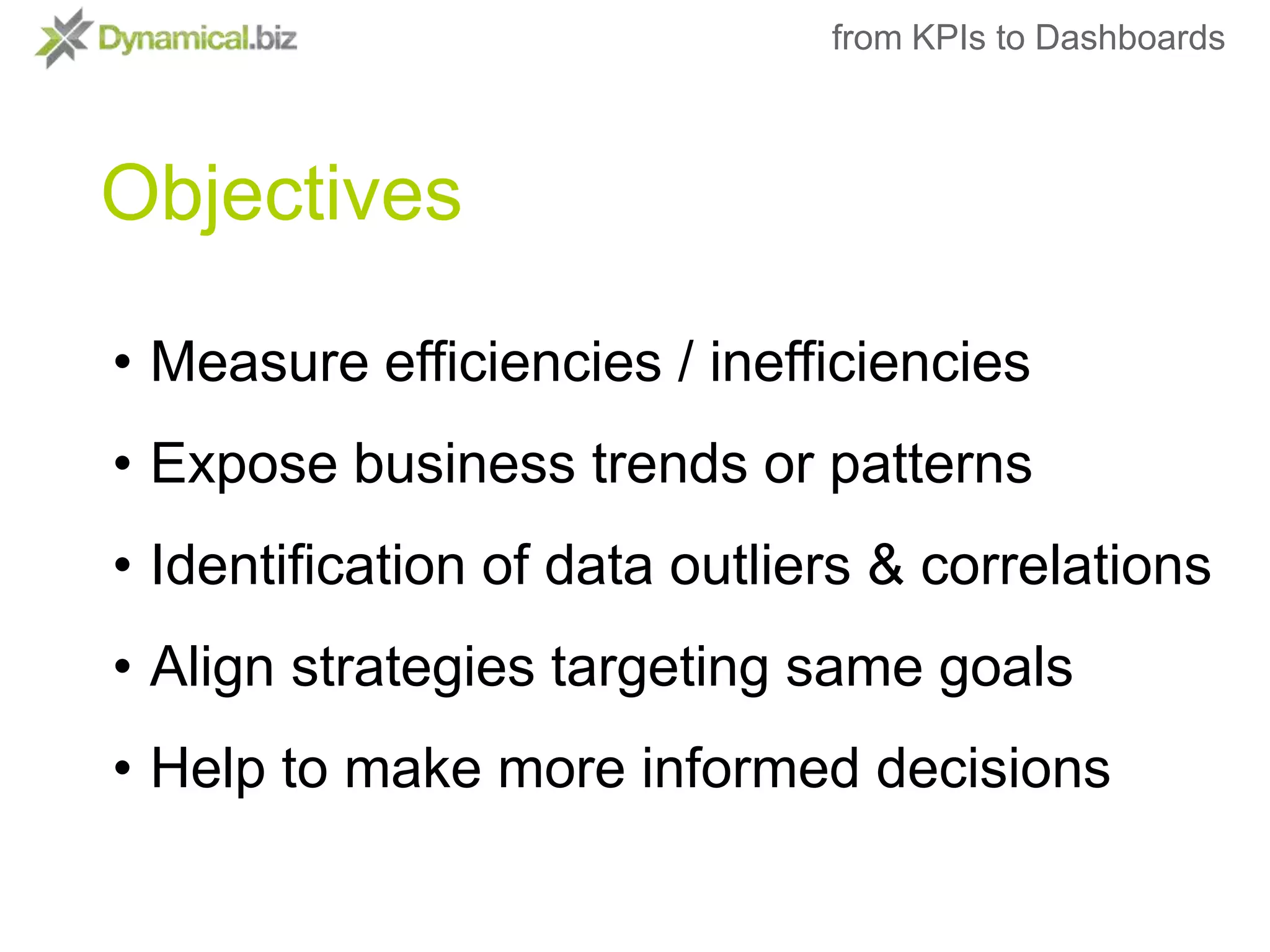 from KPIs to DashboardsObjectivesMeasure efficiencies / inefficiencies