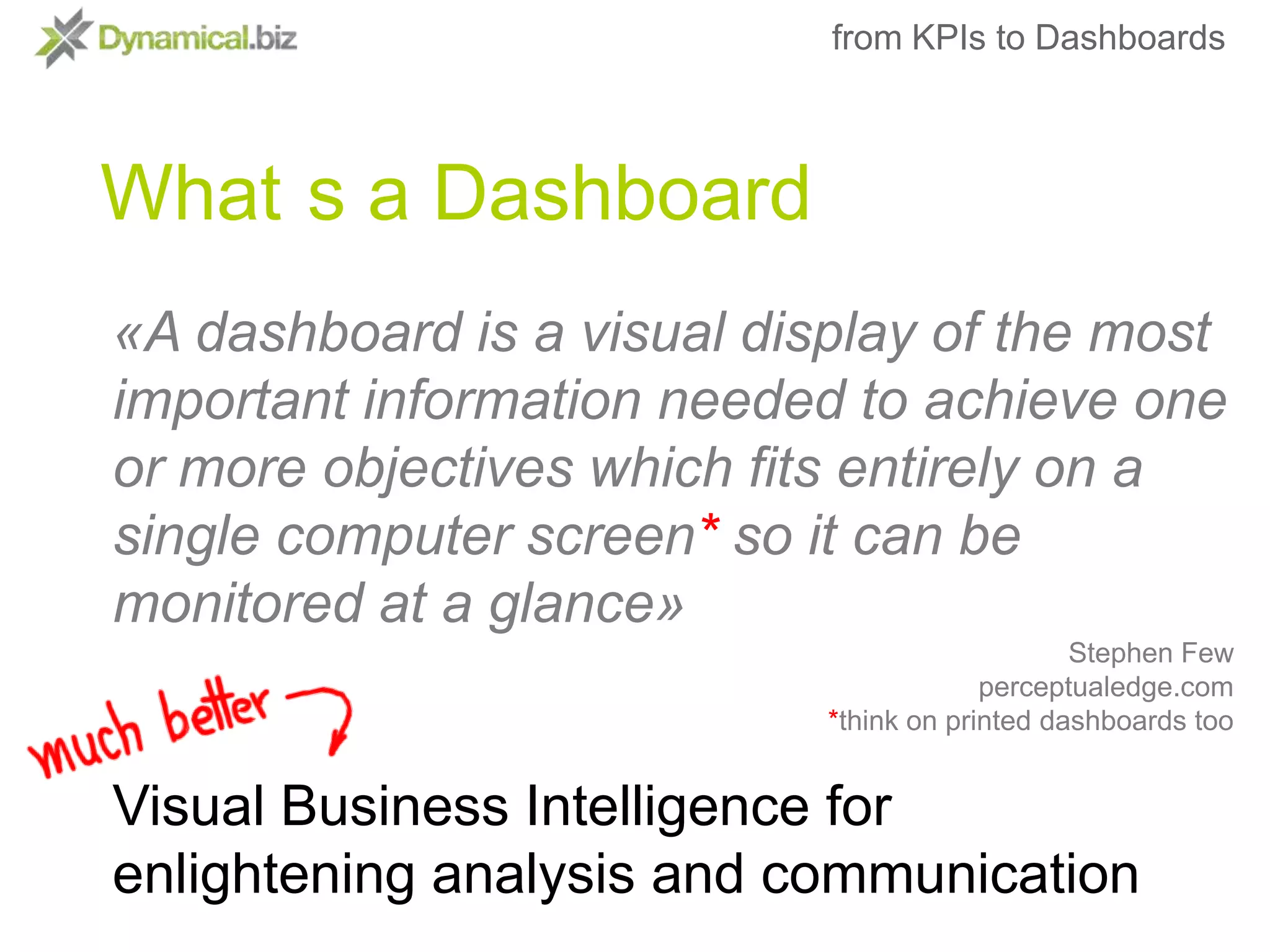 Help to make more informed decisionsfrom KPIs to DashboardsWhy a DashboardWeb Analytics solutions don't knowthe objectives of your business