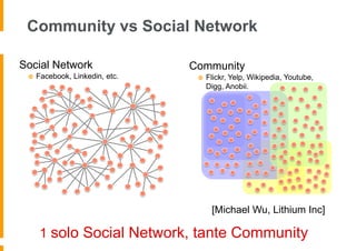 Community vs Social Network

Social Network                  Community
    Facebook, Linkedin, etc.       Flickr, Yelp, Wikipedia, Youtube,
                                     Digg, Anobii.




                                      [Michael Wu, Lithium Inc]

      1 solo Social Network, tante Community
 