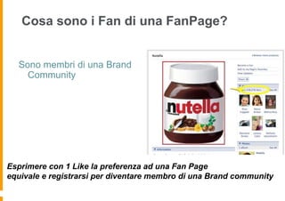 Cosa sono i Fan di una FanPage?


  Sono membri di una Brand
    Community




Esprimere con 1 Like la preferenza ad una Fan Page
equivale e registrarsi per diventare membro di una Brand community
 