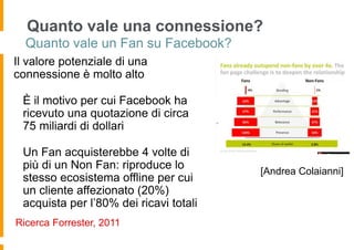 Quanto vale una connessione?
  Quanto vale un Fan su Facebook?
Il valore potenziale di una
connessione è molto alto

 È il motivo per cui Facebook ha
 ricevuto una quotazione di circa
 75 miliardi di dollari

 Un Fan acquisterebbe 4 volte di
 più di un Non Fan: riproduce lo        [Andrea Colaianni]
 stesso ecosistema offline per cui
 un cliente affezionato (20%)
 acquista per l’80% dei ricavi totali
Ricerca Forrester, 2011
 