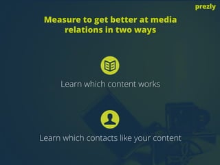 Learn which content works
Learn which contacts like your content
Measure to get better at media
relations in two ways
prezly
 