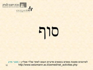סוף לסרטונים ומצגות נוספים בנוסאים מדעיים הענסו לאתר צמ " ד אונליין –  מאגר מדע http://www.weizmann.ac.il/zemed/net_activities.php 