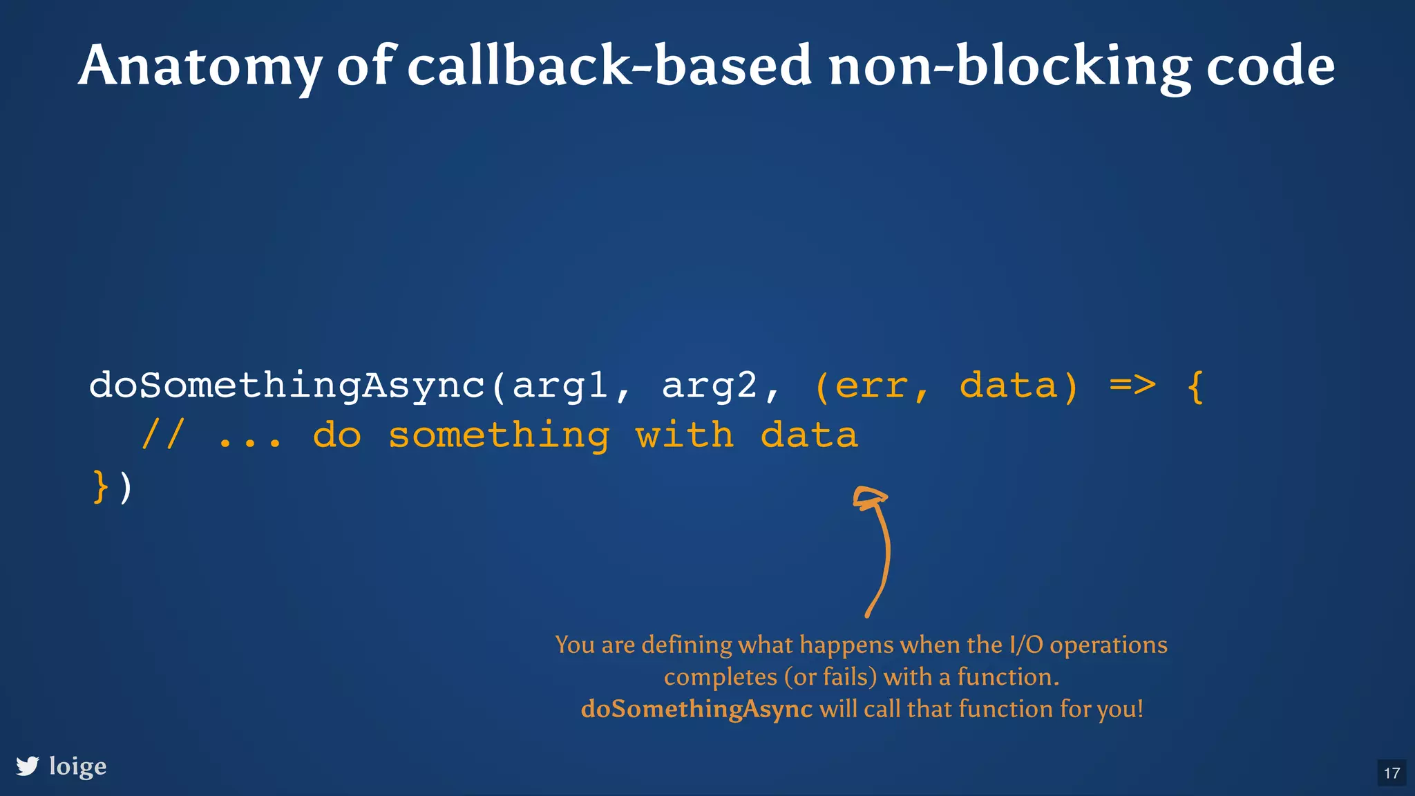 doSomethingAsync(arg1, arg2, (err, data) => { // ... do something with data }) You are defining what happens when the I/O operations completes (or fails) with a function. doSomethingAsync will call that function for you! loige Anatomy of callback-based non-blocking code 17 