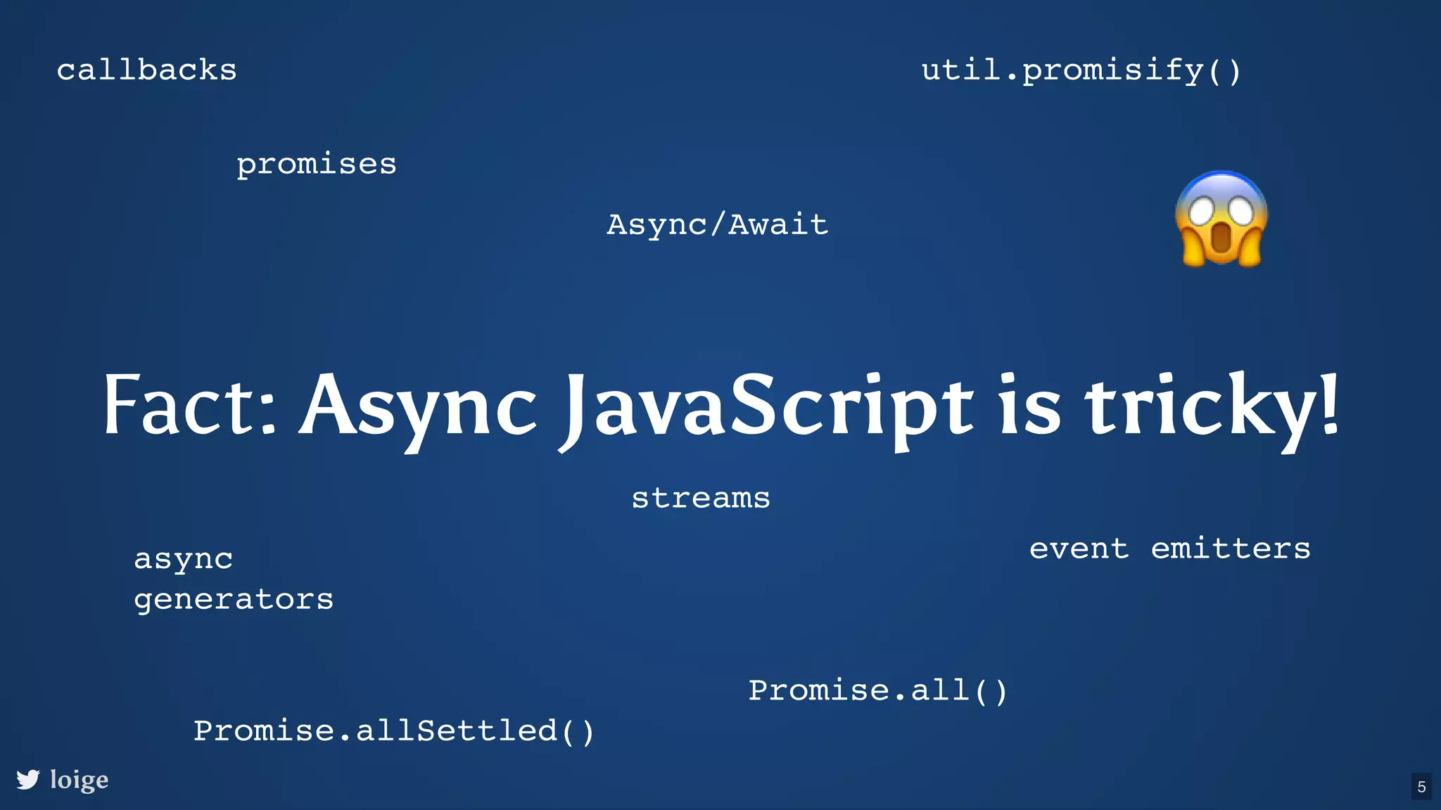 Fact: Async JavaScript is tricky! callbacks promises Async/Await async generators streams event emitters util.promisify() Promise.all() Promise.allSettled() 😱 loige 5 