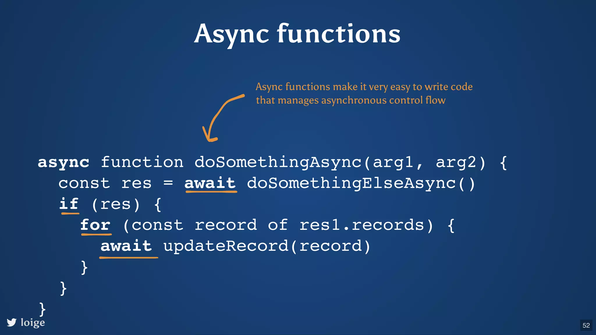 Async functions async function doSomethingAsync(arg1, arg2) { const res = await doSomethingElseAsync() if (res) { for (const record of res1.records) { await updateRecord(record) } } } Async functions make it very easy to write code that manages asynchronous control flow loige 52 