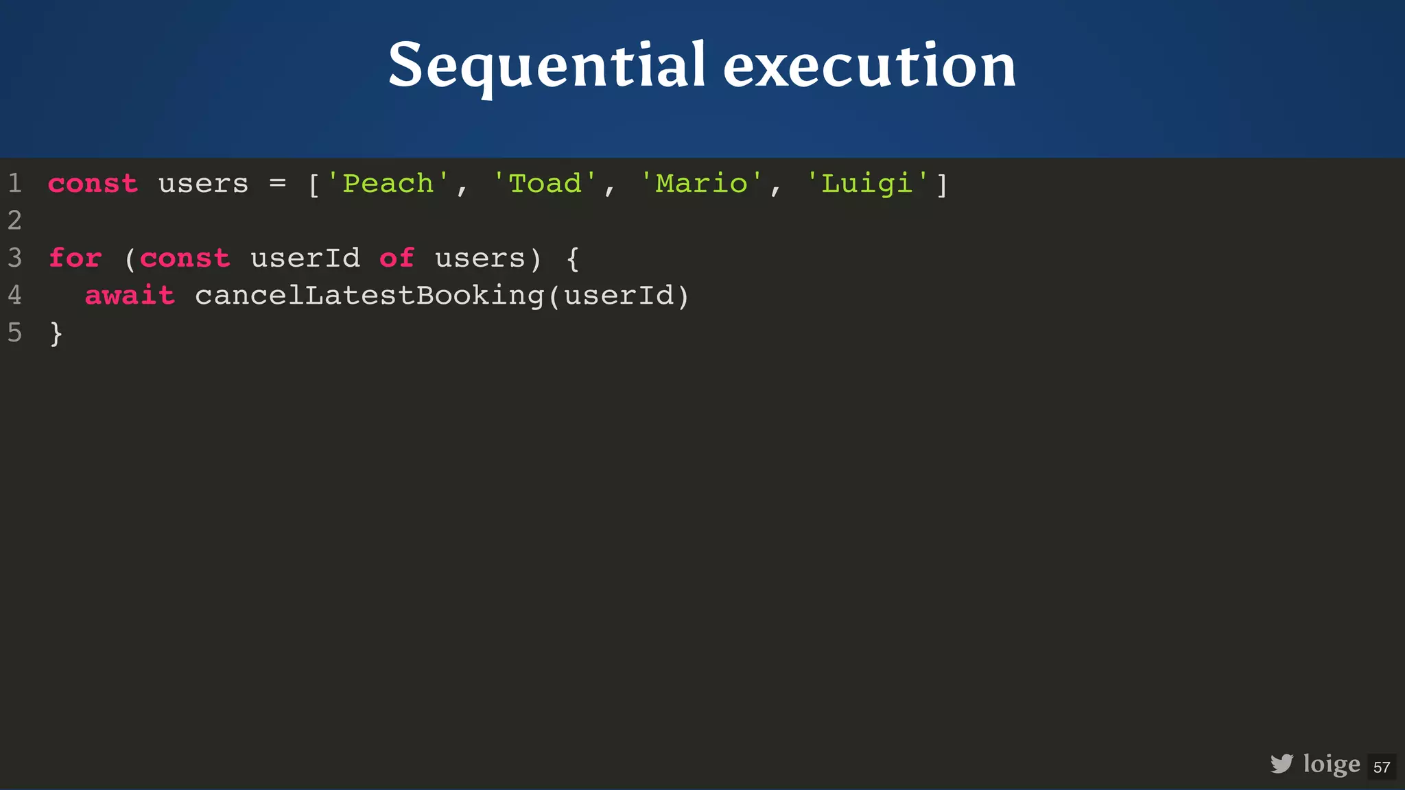 Sequential execution const users = ['Peach', 'Toad', 'Mario', 'Luigi'] for (const userId of users) { await cancelLatestBooking(userId) } 1 2 3 4 5 const users = ['Peach', 'Toad', 'Mario', 'Luigi'] 1 2 for (const userId of users) { 3 await cancelLatestBooking(userId) 4 } 5 for (const userId of users) { } const users = ['Peach', 'Toad', 'Mario', 'Luigi'] 1 2 3 await cancelLatestBooking(userId) 4 5 await cancelLatestBooking(userId) const users = ['Peach', 'Toad', 'Mario', 'Luigi'] 1 2 for (const userId of users) { 3 4 } 5 const users = ['Peach', 'Toad', 'Mario', 'Luigi'] for (const userId of users) { await cancelLatestBooking(userId) } 1 2 3 4 5 loige 57 