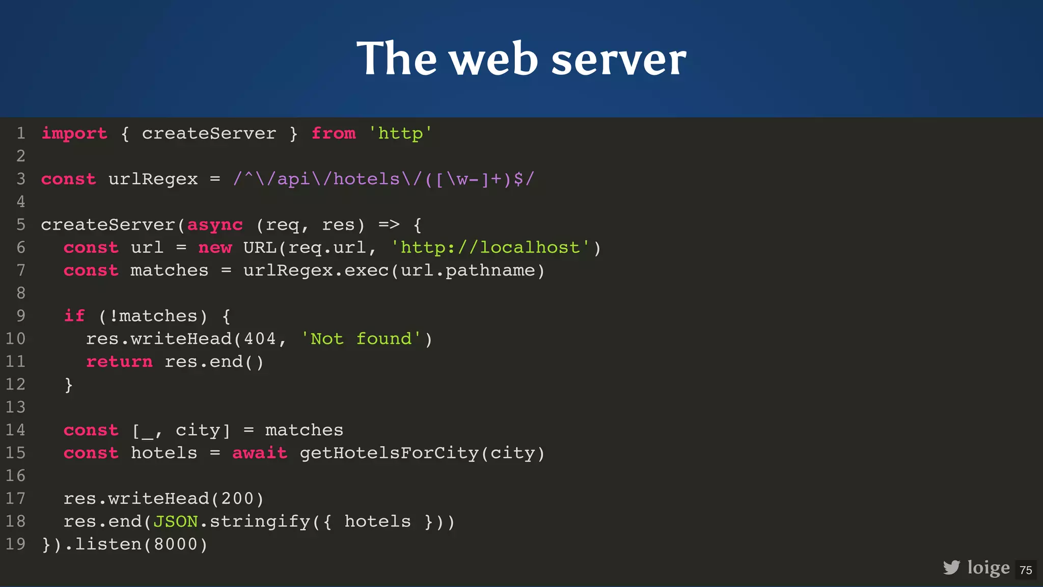 The web server import { createServer } from 'http' const urlRegex = /^/api/hotels/([w-]+)$/ createServer(async (req, res) => { const url = new URL(req.url, 'http://localhost') const matches = urlRegex.exec(url.pathname) if (!matches) { res.writeHead(404, 'Not found') return res.end() } const [_, city] = matches const hotels = await getHotelsForCity(city) res.writeHead(200) res.end(JSON.stringify({ hotels })) }).listen(8000) 1 2 3 4 5 6 7 8 9 10 11 12 13 14 15 16 17 18 19 import { createServer } from 'http' 1 2 const urlRegex = /^/api/hotels/([w-]+)$/ 3 4 createServer(async (req, res) => { 5 const url = new URL(req.url, 'http://localhost') 6 const matches = urlRegex.exec(url.pathname) 7 8 if (!matches) { 9 res.writeHead(404, 'Not found') 10 return res.end() 11 } 12 13 const [_, city] = matches 14 const hotels = await getHotelsForCity(city) 15 16 res.writeHead(200) 17 res.end(JSON.stringify({ hotels })) 18 }).listen(8000) 19 const urlRegex = /^/api/hotels/([w-]+)$/ import { createServer } from 'http' 1 2 3 4 createServer(async (req, res) => { 5 const url = new URL(req.url, 'http://localhost') 6 const matches = urlRegex.exec(url.pathname) 7 8 if (!matches) { 9 res.writeHead(404, 'Not found') 10 return res.end() 11 } 12 13 const [_, city] = matches 14 const hotels = await getHotelsForCity(city) 15 16 res.writeHead(200) 17 res.end(JSON.stringify({ hotels })) 18 }).listen(8000) 19 createServer(async (req, res) => { }).listen(8000) import { createServer } from 'http' 1 2 const urlRegex = /^/api/hotels/([w-]+)$/ 3 4 5 const url = new URL(req.url, 'http://localhost') 6 const matches = urlRegex.exec(url.pathname) 7 8 if (!matches) { 9 res.writeHead(404, 'Not found') 10 return res.end() 11 } 12 13 const [_, city] = matches 14 const hotels = await getHotelsForCity(city) 15 16 res.writeHead(200) 17 res.end(JSON.stringify({ hotels })) 18 19 const url = new URL(req.url, 'http://localhost') const matches = urlRegex.exec(url.pathname) import { createServer } from 'http' 1 2 const urlRegex = /^/api/hotels/([w-]+)$/ 3 4 createServer(async (req, res) => { 5 6 7 8 if (!matches) { 9 res.writeHead(404, 'Not found') 10 return res.end() 11 } 12 13 const [_, city] = matches 14 const hotels = await getHotelsForCity(city) 15 16 res.writeHead(200) 17 res.end(JSON.stringify({ hotels })) 18 }).listen(8000) 19 if (!matches) { res.writeHead(404, 'Not found') return res.end() } import { createServer } from 'http' 1 2 const urlRegex = /^/api/hotels/([w-]+)$/ 3 4 createServer(async (req, res) => { 5 const url = new URL(req.url, 'http://localhost') 6 const matches = urlRegex.exec(url.pathname) 7 8 9 10 11 12 13 const [_, city] = matches 14 const hotels = await getHotelsForCity(city) 15 16 res.writeHead(200) 17 res.end(JSON.stringify({ hotels })) 18 }).listen(8000) 19 const [_, city] = matches import { createServer } from 'http' 1 2 const urlRegex = /^/api/hotels/([w-]+)$/ 3 4 createServer(async (req, res) => { 5 const url = new URL(req.url, 'http://localhost') 6 const matches = urlRegex.exec(url.pathname) 7 8 if (!matches) { 9 res.writeHead(404, 'Not found') 10 return res.end() 11 } 12 13 14 const hotels = await getHotelsForCity(city) 15 16 res.writeHead(200) 17 res.end(JSON.stringify({ hotels })) 18 }).listen(8000) 19 const hotels = await getHotelsForCity(city) import { createServer } from 'http' 1 2 const urlRegex = /^/api/hotels/([w-]+)$/ 3 4 createServer(async (req, res) => { 5 const url = new URL(req.url, 'http://localhost') 6 const matches = urlRegex.exec(url.pathname) 7 8 if (!matches) { 9 res.writeHead(404, 'Not found') 10 return res.end() 11 } 12 13 const [_, city] = matches 14 15 16 res.writeHead(200) 17 res.end(JSON.stringify({ hotels })) 18 }).listen(8000) 19 res.writeHead(200) res.end(JSON.stringify({ hotels })) import { createServer } from 'http' 1 2 const urlRegex = /^/api/hotels/([w-]+)$/ 3 4 createServer(async (req, res) => { 5 const url = new URL(req.url, 'http://localhost') 6 const matches = urlRegex.exec(url.pathname) 7 8 if (!matches) { 9 res.writeHead(404, 'Not found') 10 return res.end() 11 } 12 13 const [_, city] = matches 14 const hotels = await getHotelsForCity(city) 15 16 17 18 }).listen(8000) 19 import { createServer } from 'http' const urlRegex = /^/api/hotels/([w-]+)$/ createServer(async (req, res) => { const url = new URL(req.url, 'http://localhost') const matches = urlRegex.exec(url.pathname) if (!matches) { res.writeHead(404, 'Not found') return res.end() } const [_, city] = matches const hotels = await getHotelsForCity(city) res.writeHead(200) res.end(JSON.stringify({ hotels })) }).listen(8000) 1 2 3 4 5 6 7 8 9 10 11 12 13 14 15 16 17 18 19 loige 75 