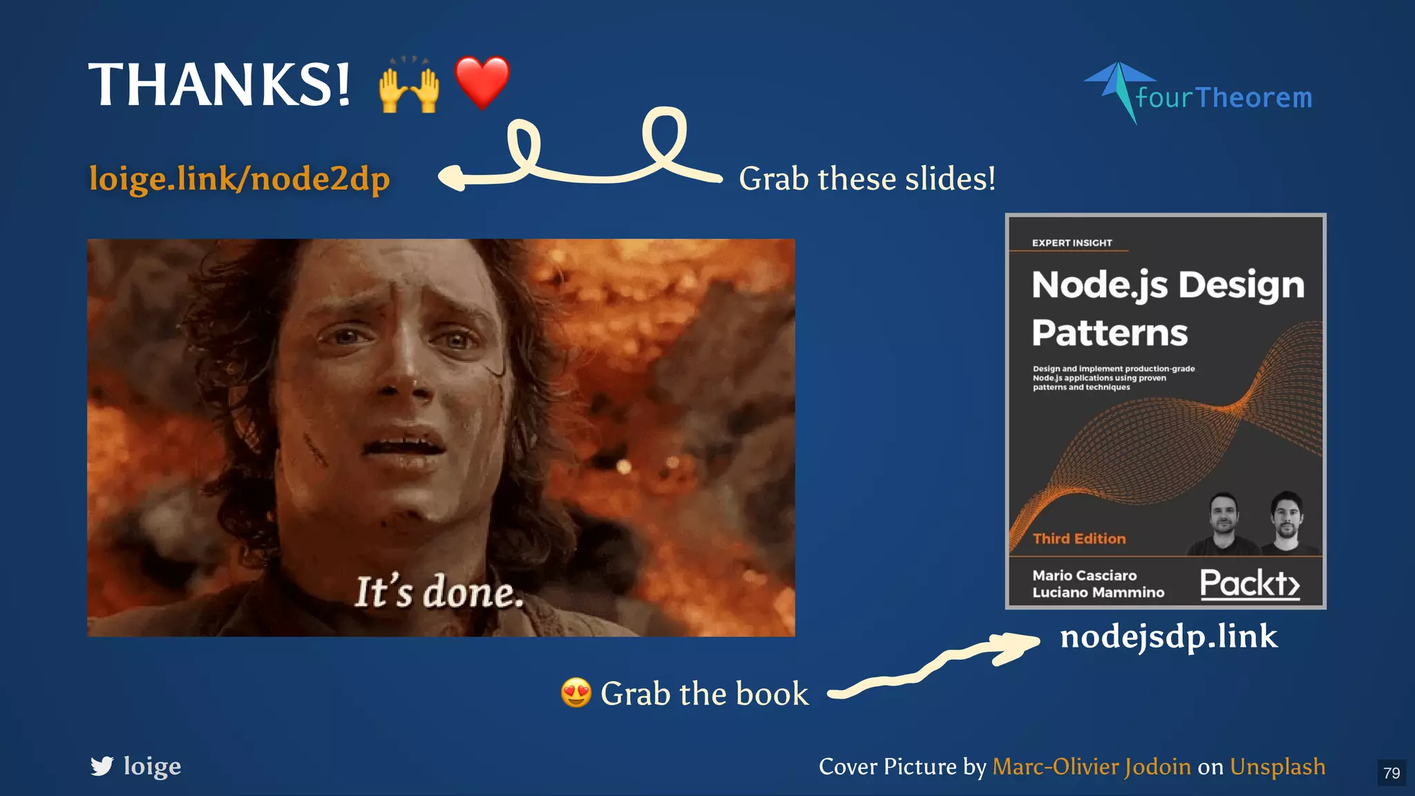 Cover Picture by on Marc-Olivier Jodoin Unsplash THANKS! 🙌❤ nodejsdp.link loige Grab these slides! 😍Grab the book 79 