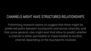 CHANNELS MIGHT HAVE STRUCTURED RELATIONSHIPS
Preliminary research seems to suggest that there might be
preferred paths between touchpoints and across channels, and
that some general rules might exist that allow to predict whether
a channel is either permeable or impermeable to another
channel depending on the touchpoints involved
 