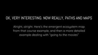 OK, VERY INTERESTING. NOW REALLY, PATHS AND MAPS
Alright, alright. Here’s the emergent ecosystem map
from that course example, and then a more detailed
example dealing with “going to the movies”
 