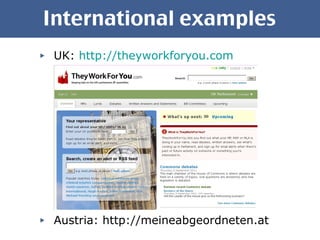 International examples UK:  http://theyworkforyou.com Austria: http://meineabgeordneten.at 