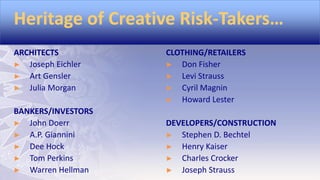 Heritage of Creative Risk-Takers…
ARCHITECTS
► Joseph Eichler
► Art Gensler
► Julia Morgan

BANKERS/INVESTORS
► John Doerr
► A.P. Giannini
► Dee Hock
► Tom Perkins
► Warren Hellman

CLOTHING/RETAILERS
► Don Fisher
► Levi Strauss
► Cyril Magnin
► Howard Lester
DEVELOPERS/CONSTRUCTION
► Stephen D. Bechtel
► Henry Kaiser
► Charles Crocker
► Joseph Strauss

 