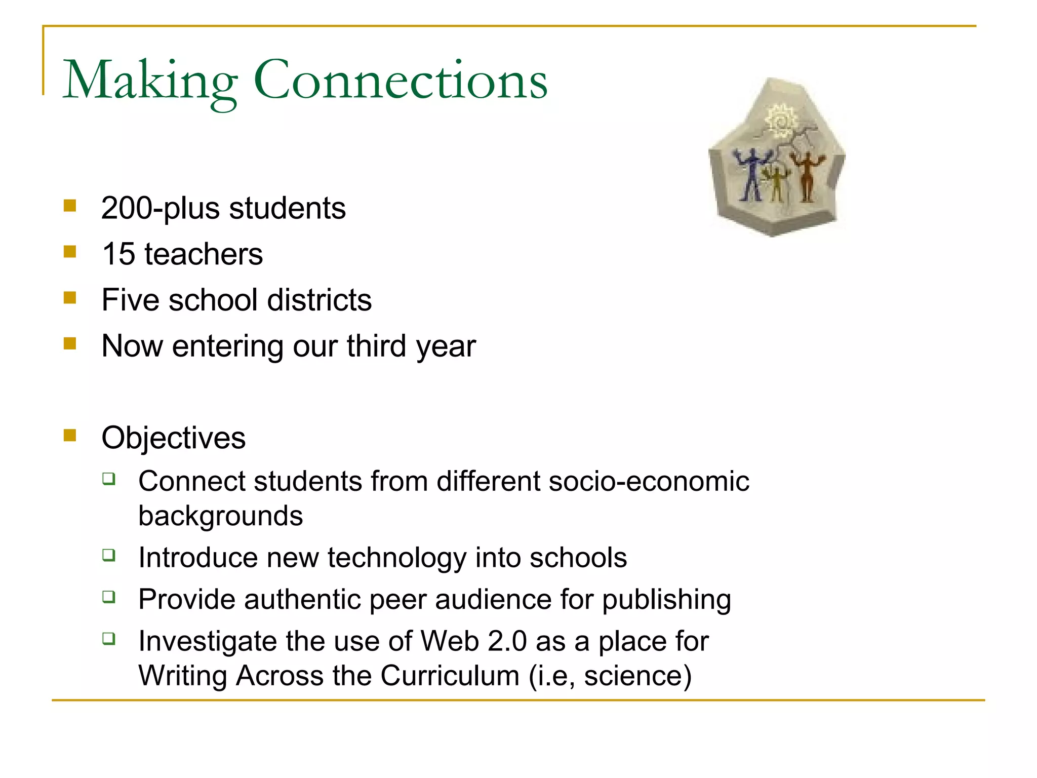 Making Connections 200-plus students 15 teachers Five school districts Now entering our third year Objectives Connect students from different socio-economic backgrounds Introduce new technology into schools Provide authentic peer audience for publishing Investigate the use of Web 2.0 as a place for Writing Across the Curriculum (i.e, science) 