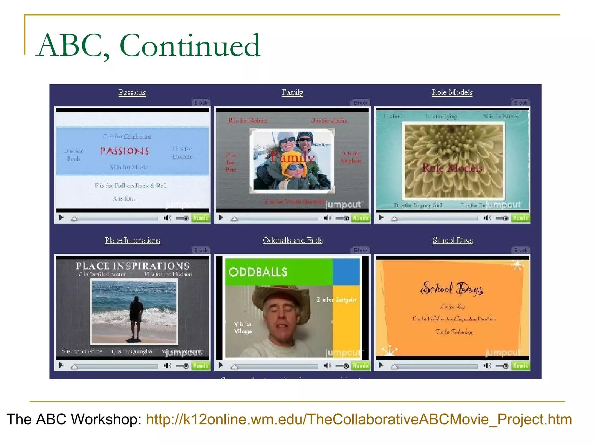 ABC, Continued The ABC Workshop:  http://k12online.wm.edu/TheCollaborativeABCMovie_Project.htm 