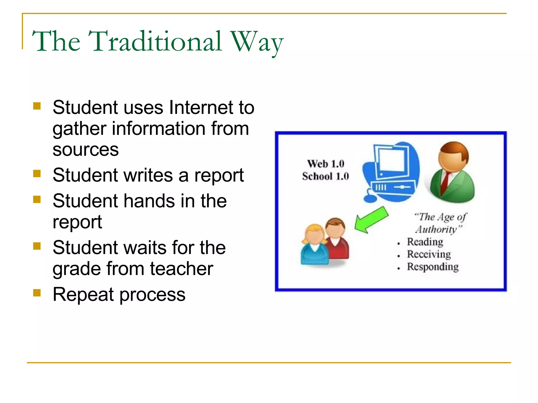 The Traditional Way Student uses Internet to gather information from sources Student writes a report Student hands in the report Student waits for the grade from teacher Repeat process 