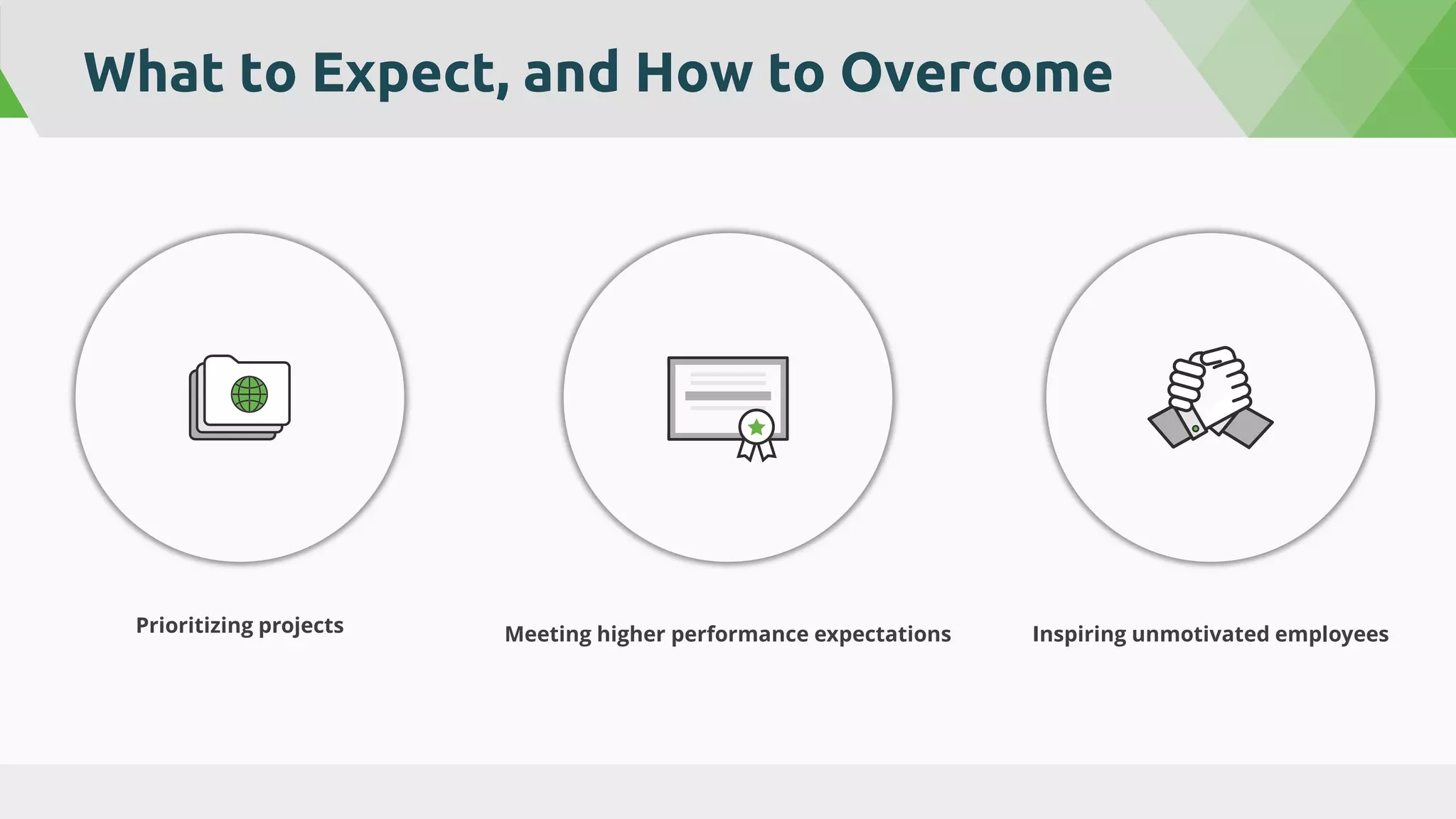 What to Expect, and How to Overcome
Prioritizing projects Meeting higher performance expectations Inspiring unmotivated employees
 