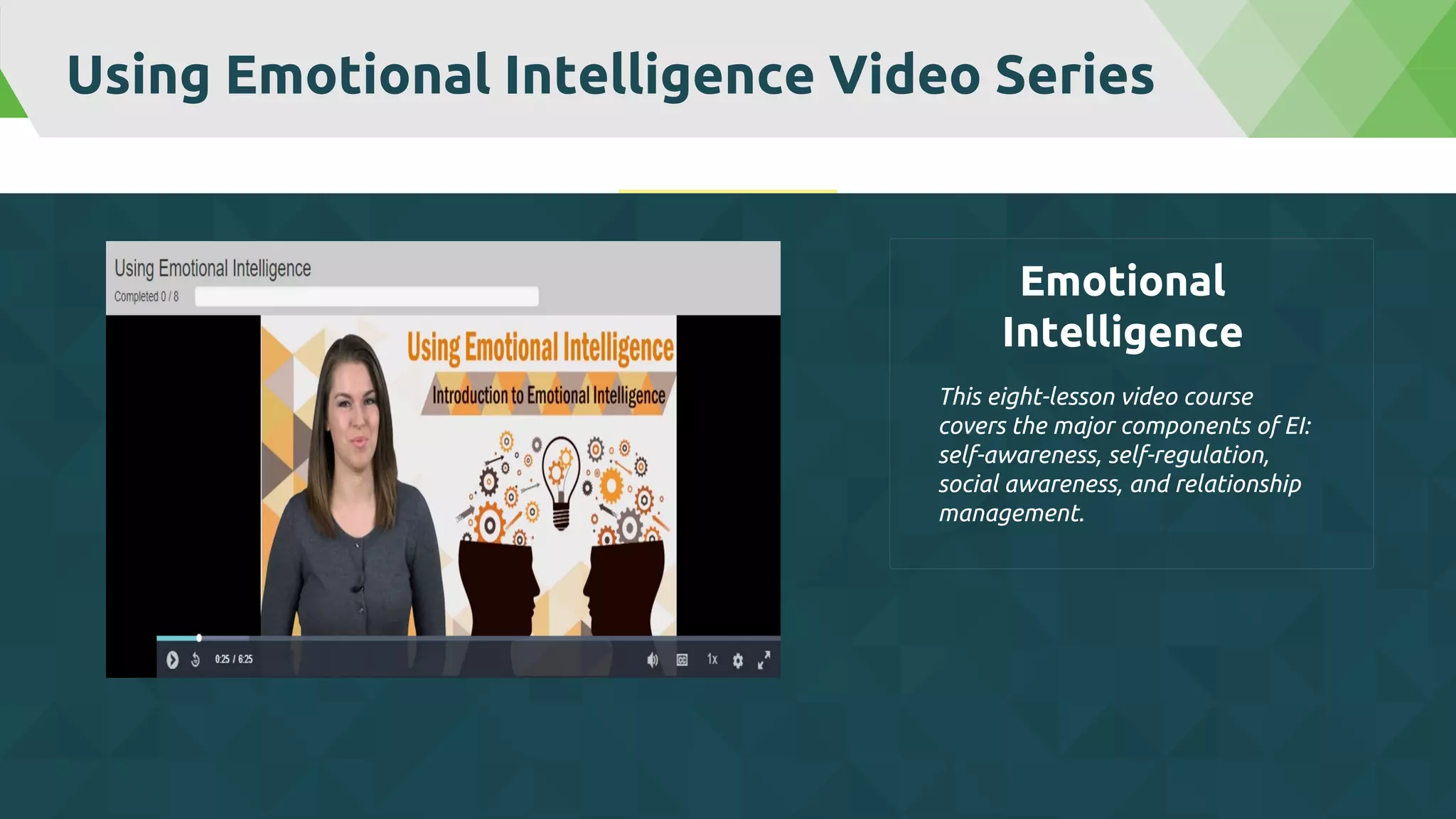 Using Emotional Intelligence Video Series
This eight-lesson video course
covers the major components of EI:
self-awareness, self-regulation,
social awareness, and relationship
management.
Emotional
Intelligence
 