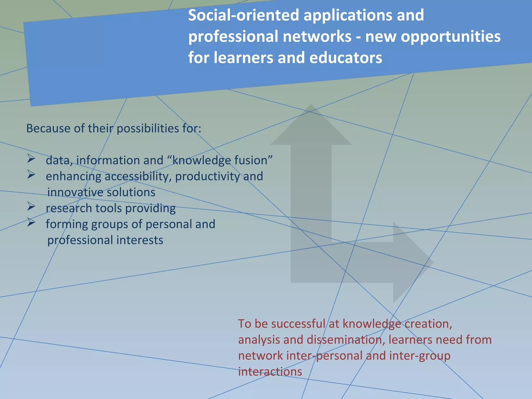 Because of their possibilities for:
 data, information and “knowledge fusion”
 enhancing accessibility, productivity and
innovative solutions
 research tools providing
 forming groups of personal and
professional interests
Social-oriented applications and
professional networks - new opportunities
for learners and educators
To be successful at knowledge creation,
analysis and dissemination, learners need from
network inter-personal and inter-group
interactions
 