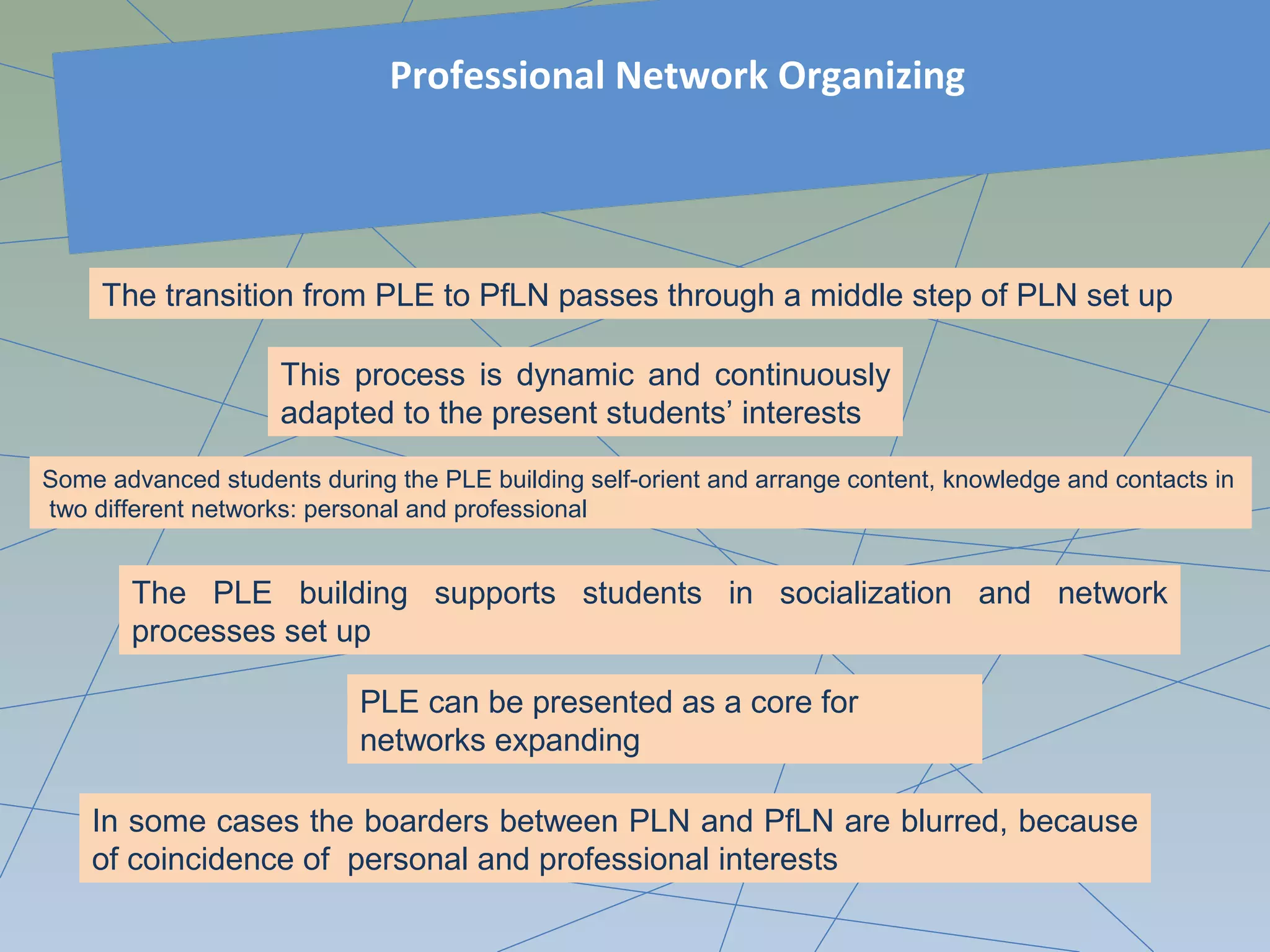 Some advanced students during the PLE building self-orient and arrange content, knowledge and contacts in
two different networks: personal and professional
The transition from PLE to PfLN passes through a middle step of PLN set up
This process is dynamic and continuously
adapted to the present students’ interests
In some cases the boarders between PLN and PfLN are blurred, because
of coincidence of personal and professional interests
PLE can be presented as a core for
networks expanding
The PLE building supports students in socialization and network
processes set up
Professional Network Organizing
 