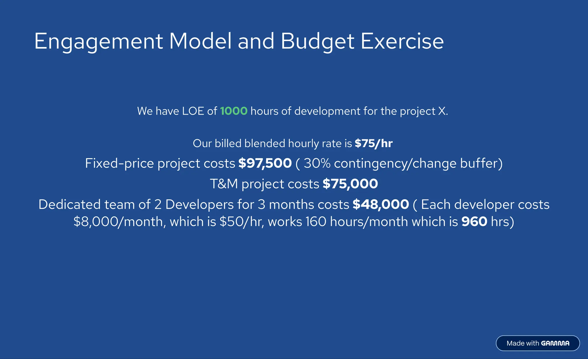 Engagement Model and Budget Exercise
We have LOE of 1000 hours of development for the project X.
Our billed blended hourly rate is $75/hr
Fixed-price project costs $97,500 ( 30% contingency/change buffer)
T&M project costs $75,000
Dedicated team of 2 Developers for 3 months costs $48,000 ( Each developer costs
$8,000/month, which is $50/hr, works 160 hours/month which is 960 hrs)
 
