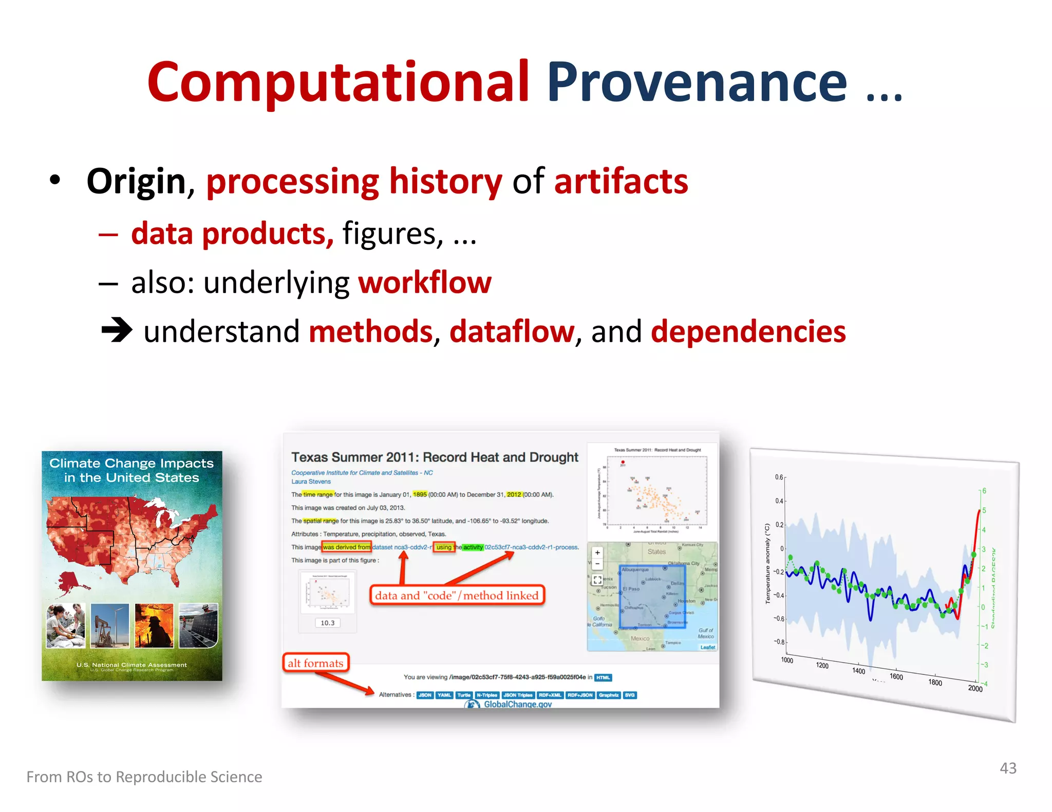 Computational Provenance …
• Origin, processing history of artifacts
– data products, figures, ...
– also: underlying workflow
è understand methods, dataflow, and dependencies
From ROs to Reproducible Science 43
Climate Change Impacts
in the United States
U.S. National Climate Assessment
U.S. Global Change Research Program
 