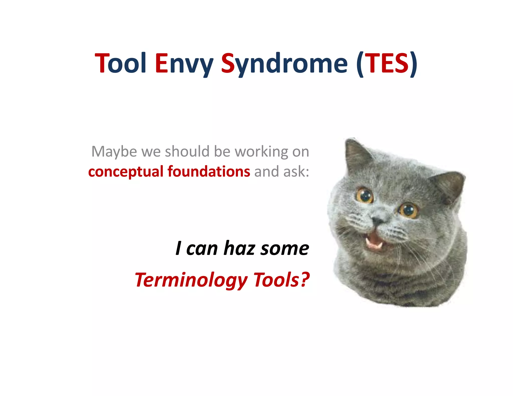 Tool Envy Syndrome (TES)
Maybe we should be working on
conceptual foundations and ask:
I can haz some
Terminology Tools?
 