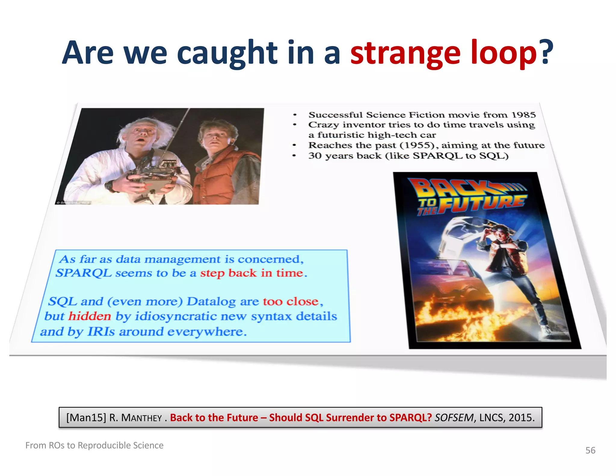 Are we caught in a strange loop?
From ROs to Reproducible Science 56
[Man15] R. MANTHEY . Back to the Future – Should SQL Surrender to SPARQL? SOFSEM, LNCS, 2015.
 