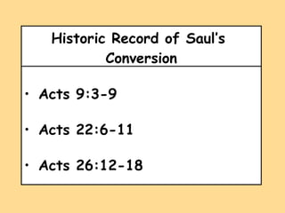 Historic Record of Saul’s  Conversion Acts 9:3-9 Acts 22:6-11 Acts 26:12-18 