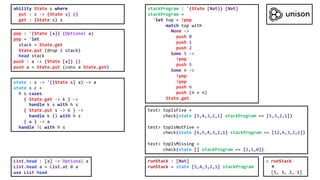 state : s -> '({State s} a) -> a
state s c =
h s cases
{ State.get -> k } ->
handle k s with h s
{ State.put s -> k } ->
handle k () with h s
{ a } -> a
handle !c with h s
ability State s where
put : s -> {State s} ()
get : {State s} s
pop : '{State [a]} (Optional a)
pop = 'let
stack = State.get
State.put (drop 1 stack)
head stack
push : a -> {State [a]} ()
push a = State.put (cons a State.get)
stackProgram : '{State [Nat]} [Nat]
stackProgram =
'let top = !pop
match top with
None ->
push 0
push 1
push 2
Some 5 ->
!pop
push 5
Some n ->
!pop
!pop
push n
push (n + n)
State.get
List.head : [a] -> Optional a
List.head a = List.at 0 a
use List head
runStack : [Nat]
runStack = state [5,4,3,2,1] stackProgram
test> topIsFive =
check(state [5,4,3,2,1] stackProgram == [5,3,2,1])
test> topIsNotFive =
check(state [6,5,4,3,2,1] stackProgram == [12,6,3,2,1])
test> topIsMissing =
check(state [] stackProgram == [2,1,0])
> runStack
⧩
[5, 3, 2, 1]
 